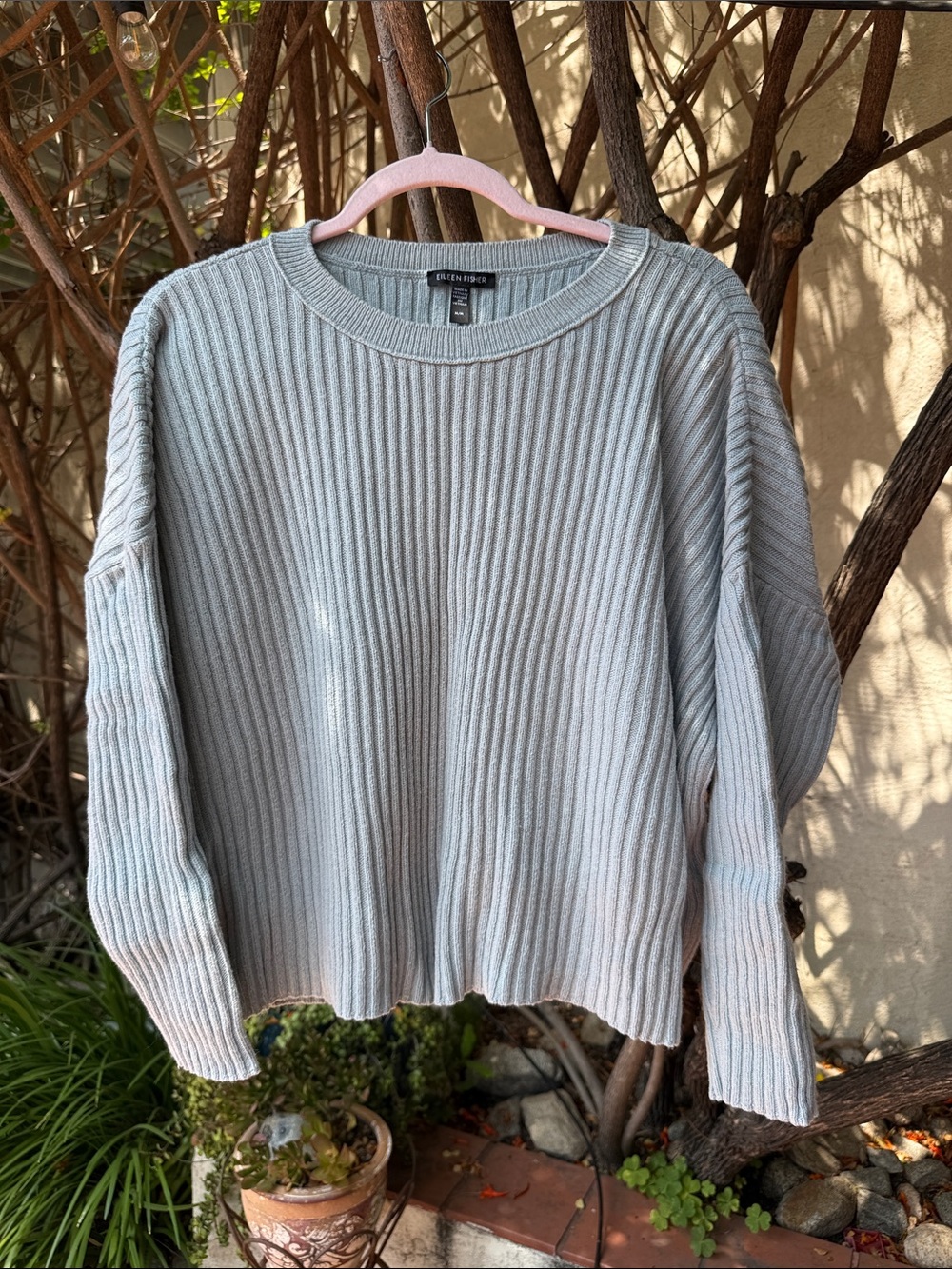 Eileen Fisher Pale Blue Ribbed Crewneck Organic Cotton/Recycled Cashmere Sweater